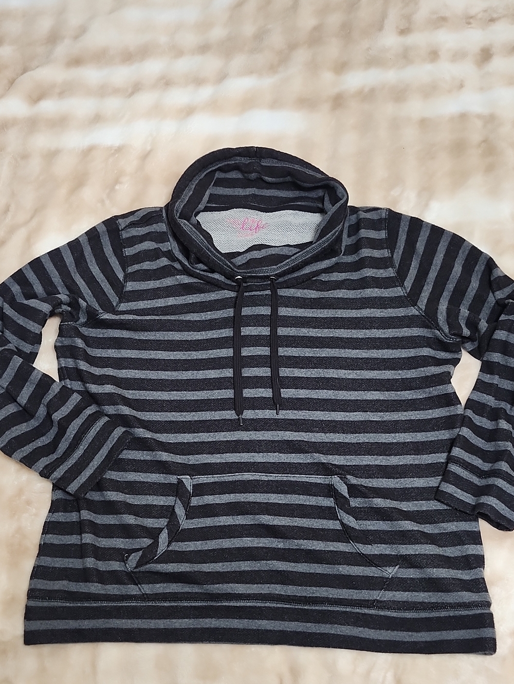 Black & Gray Striped Cowlneck Sweatshirt With Kangaroo Pocket